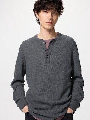 T-Shirt Waffle Kerah Henley Lengan Panjang